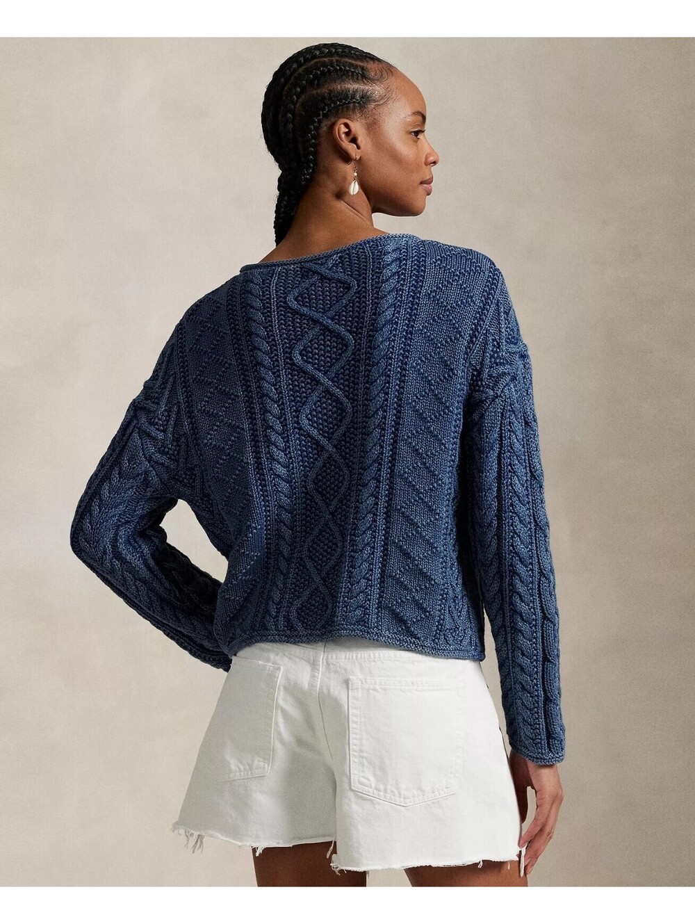 Polo Ralph Lauren USA Flag Sweater Aran-Knit Cotton Indigo multi Blue L - Picture 4 of 4